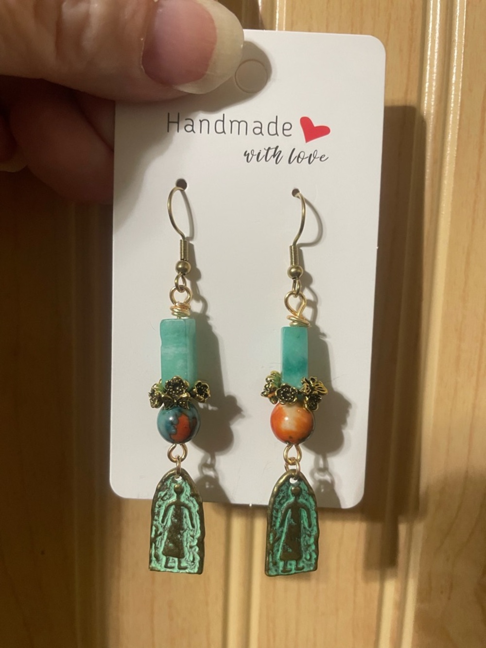 Handmade Turquoise & Orange Dangle Earrings with Gold Accents - Picture 7 of 9
